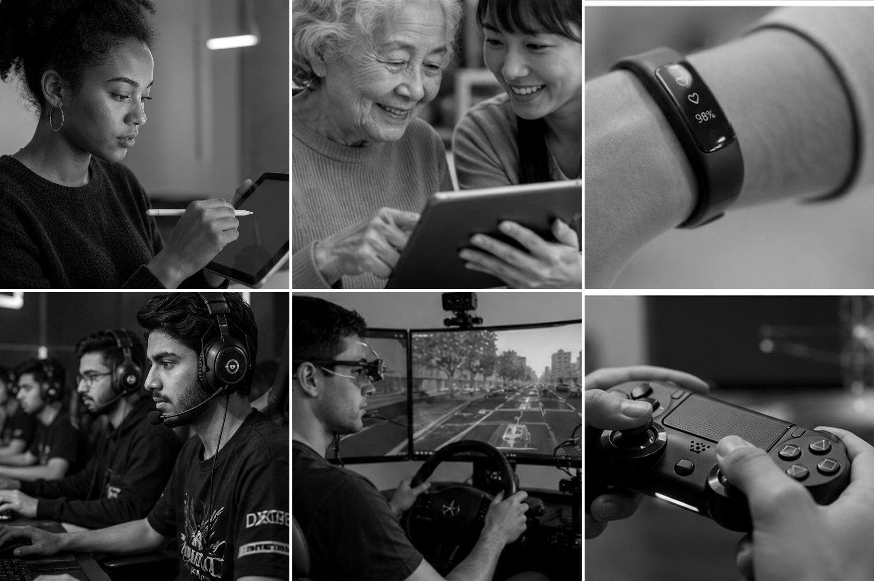 Collage of people using interactive and immersive technologies
